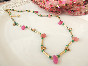 Gold Pink Green delicate Necklace