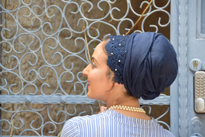 Navy Pearls Headscarf